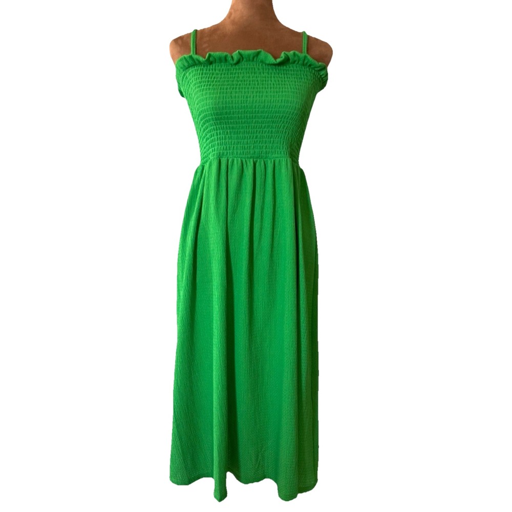 H&M Dress Womens S Green Smocked Midi Ruffle Spaghetti Strap Sleeveless Sundress